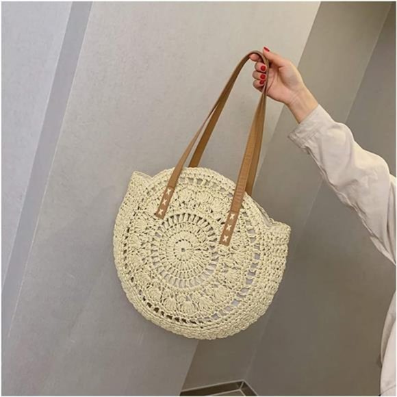 Straw Handbags Women Handwoven Round Corn Straw Bags Natural Chic Hand Large - Picture 4 of 6